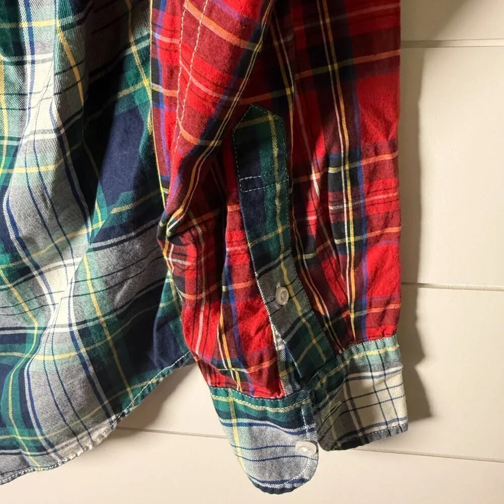 J Crew Re-Imagined Plaid Patchwork Flex Washed Slim Untucked Sz Medium